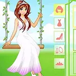 흰 드레스를 입은 여성이 그네에 앉아 있으며, 오른쪽에는 다양한 헤어스타일과 액세서리를 선택할 수 있는 메뉴가 있는 이미지