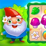 웃는 얼굴의 정원이 요정이 큼직한 보라색 버섯, 과일, 잎사귀, 꽃 등이 그려진 격자 무늬를 가리키고 있습니다