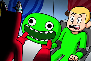 만화 스타일의 캐릭터들이 등장하며, 빨간 손이 초록색 얼굴을 붙잡고 있는 장면입니다