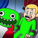 만화 스타일의 캐릭터들이 등장하며, 빨간 손이 초록색 얼굴을 붙잡고 있는 장면입니다