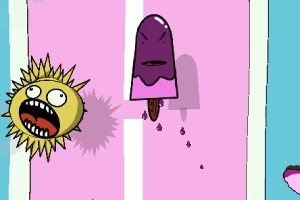 보라색 막대 아이스크림과 노란색 해 모양의 캐릭터가 있는 만화 스타일의 이미지