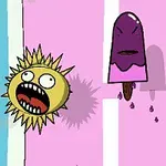 보라색 막대 아이스크림과 노란색 해 모양의 캐릭터가 있는 만화 스타일의 이미지