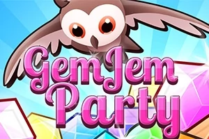 부엉이가 하늘을 날며 Gem Jem Party라는 핑크색 텍스트와 다양한 색상의 보석들이 있는 이미지