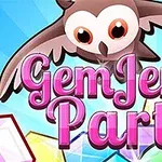 부엉이가 하늘을 날며 Gem Jem Party라는 핑크색 텍스트와 다양한 색상의 보석들이 있는 이미지