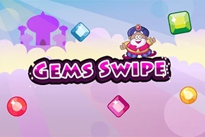 알록달록한 보석들 위에 왕관을 쓴 캐릭터와 Gems Swipe라는 텍스트가 있는 장면