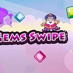 알록달록한 보석들 위에 왕관을 쓴 캐릭터와 Gems Swipe라는 텍스트가 있는 장면