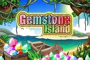 화려한 보석이 가득한 해변 풍경 배경에 Gemstone Island라는 알록달록한 텍스트가 쓰여 있다