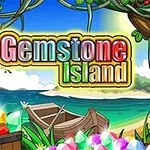 화려한 보석이 가득한 해변 풍경 배경에 Gemstone Island라는 알록달록한 텍스트가 쓰여 있다