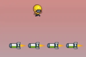 노란 헬멧을 쓴 캐릭터가 하늘에 떠 있는 장면으로, 아래에는 여러 개의 미사일이 날아가고 있다