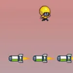 노란 헬멧을 쓴 캐릭터가 하늘에 떠 있는 장면으로, 아래에는 여러 개의 미사일이 날아가고 있다