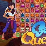캐릭터 두 명이 배경으로 매칭 퍼즐 보드와 Genie Quest라는 텍스트가 있는 그림