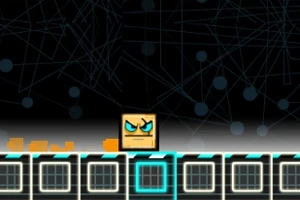 어두운 배경 앞에 화난 표정을 짓고 있는 네모난 캐릭터가 여러 개의 블록 위에 있는 모습