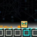 어두운 배경 앞에 화난 표정을 짓고 있는 네모난 캐릭터가 여러 개의 블록 위에 있는 모습