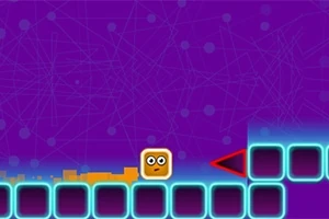 보라색 배경 위에 노란색 상자와 네온 블록, 빨간 화살표가 있는 이미지