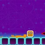 보라색 배경 위에 노란색 상자와 네온 블록, 빨간 화살표가 있는 이미지