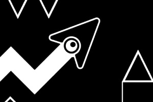 검은 배경에 하얀색 삼각형과 화살표 모양의 기하학적 패턴