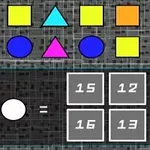 노란 사각형, 파란 삼각형, 파란 원, 분홍색 삼각형과 숫자 퍼즐이 있는 이미지