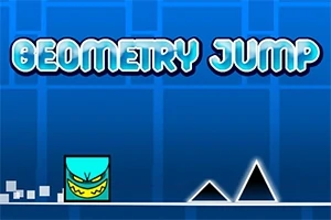 파란 배경 위에 GEOMETRY JUMP라는 텍스트와 함께 웃는 얼굴이 그려진 파란 정사각형이 검은 삼각형 장애물 옆에 있는 이미지