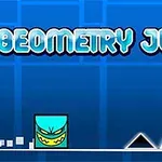 파란 배경 위에 GEOMETRY JUMP라는 텍스트와 함께 웃는 얼굴이 그려진 파란 정사각형이 검은 삼각형 장애물 옆에 있는 이미지