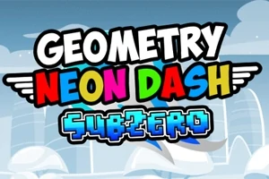 다채로운 색상의 텍스트로 GEOMETRY NEON DASH SUBZERO가 눈에 띄게 쓰여 있으며, 배경은 하늘색과 구름으로 구성되어 있습니다