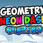 다채로운 색상의 텍스트로 GEOMETRY NEON DASH SUBZERO가 눈에 띄게 쓰여 있으며, 배경은 하늘색과 구름으로 구성되어 있습니다