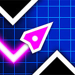 파란 격자 배경에 핑크색 화살표가 빛나며 두꺼운 검은 선 위를 미끄러지듯 이동하는 모습