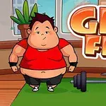 빨간색 옷을 입은 캐릭터가 초록색 매트 위에 서 있고, 옆에는 바벨이 있으며, 배경에는 식물과 큰 창문이 있다