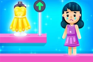 파란 배경 앞에 노란 드레스와 슬픈 표정의 소녀가 서 있는 이미지