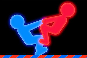 파란색과 빨간색의 네온 효과를 가진 두 사람 모양의 그림자가 서로 마주보고 맞잡고 있는 모습