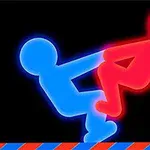 파란색과 빨간색의 네온 효과를 가진 두 사람 모양의 그림자가 서로 마주보고 맞잡고 있는 모습