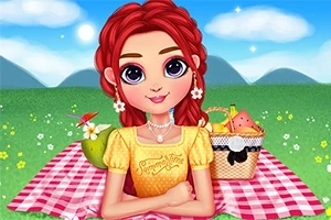 빨간 머리를 가진 소녀가 피크닉 담요에 앉아 있는 모습으로, 주변에 과일과 소풍 바구니가 있는 장면