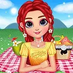 빨간 머리를 가진 소녀가 피크닉 담요에 앉아 있는 모습으로, 주변에 과일과 소풍 바구니가 있는 장면