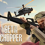 군인 복장을 한 인물이 총을 겨누고 있으며, 배경에 헬리콥터가 날아다니는 모습