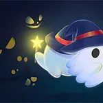 마법 모자를 쓴 유령이 별 지팡이를 들고 있는 장면