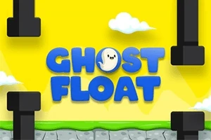 노란색 배경에 검정색 관들이 놓여 있고, 중앙에 파란색 글씨로 GHOST FLOAT라는 문구가 있으며, 귀여운 유령 캐릭터가 포함되어 있다
