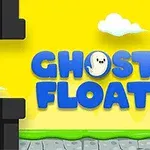 노란색 배경에 검정색 관들이 놓여 있고, 중앙에 파란색 글씨로 GHOST FLOAT라는 문구가 있으며, 귀여운 유령 캐릭터가 포함되어 있다
