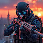 어두운 배경의 도시 풍경을 배경으로 헬멧과 보호 장비를 착용한 병사가 총을 겨누고 있다