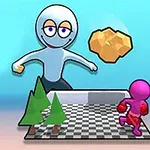 거대한 흰색 캐릭터가 체스판 무늬 바닥에서 작은 분홍색 캐릭터를 바라보며 서 있고, 근처에 나무와 노란색 덩어리가 떠 있는 장면