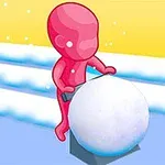 핑크색 캐릭터가 큰 눈덩이를 밀고 있는 모습