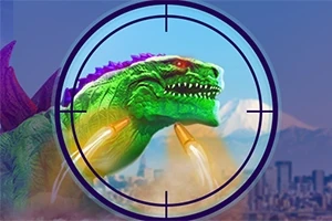 거대한 녹색 공룡이 도시를 배경으로 조준선 안에 있고, 입에서 불을 뿜는 모습