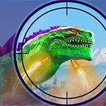 거대한 녹색 공룡이 도시를 배경으로 조준선 안에 있고, 입에서 불을 뿜는 모습