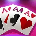 보라색 배경에 스페이드, 클럽, 다이아몬드, 하트 에이스 카드들이 펼쳐져 있다