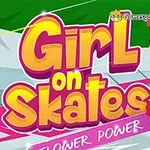 만화 스타일의 소녀가 헬멧을 쓰고 꽃다발을 들고 있으며, 배경에 Girl on Skates라는 글자가 있는 이미지