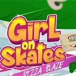 롤러스케이트를 타며 피자 상자를 들고 있는 소녀와 Girl on Skates라는 문구