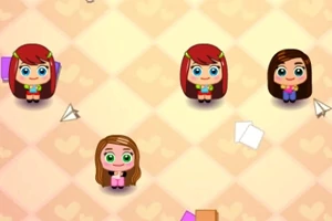 캐릭터 네 명이 종이비행기와 종이 조각들이 있는 바둑판 무늬 배경 위에 서 있는 모습