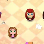 캐릭터 네 명이 종이비행기와 종이 조각들이 있는 바둑판 무늬 배경 위에 서 있는 모습