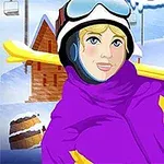 보라색 스키복을 입고 노란색 스키를 어깨에 멘 사람의 만화 스타일 이미지