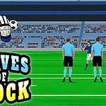 축구 경기장에서 두 심판이 서 있는 장면과 함께 GLOVES OF BLOCK 텍스트가 포함된 이미지