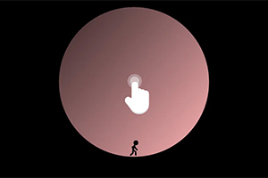 어두운 배경에 큰 원이 있고, 원의 중앙에 손가락 아이콘이 있으며, 작은 사람이 원 아래에 서 있다