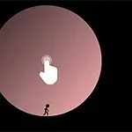 어두운 배경에 큰 원이 있고, 원의 중앙에 손가락 아이콘이 있으며, 작은 사람이 원 아래에 서 있다